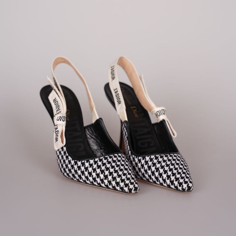 Christian Dior Wool Ribbon Houndstooth J'ADior Slingback 8cm Pumps 38D Black White