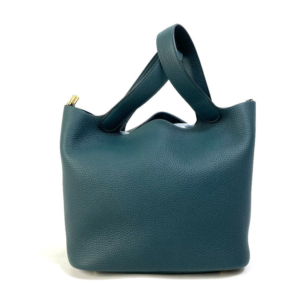 Hermes Handbag Taurillon Clemence Green x Blue type Pico Tan Lock MM