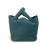 Hermes Handbag Taurillon Clemence Green x Blue type Pico Tan Lock MM