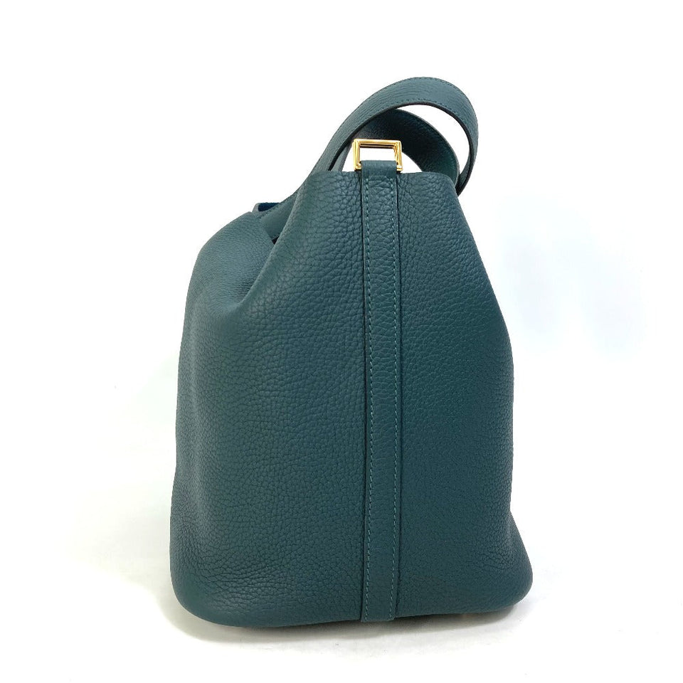Hermes Handbag Taurillon Clemence Green x Blue type Pico Tan Lock MM