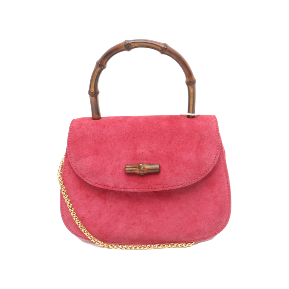Gucci Bamboo 1947 Night Super Mini Pink Suede Evening Bag with Chain