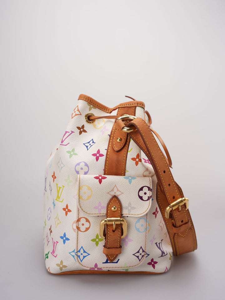 Louis Vuitton Takashi Murakami White Multicolore Monogram Coated Canvas Petit Noe Bag Gold Hardware