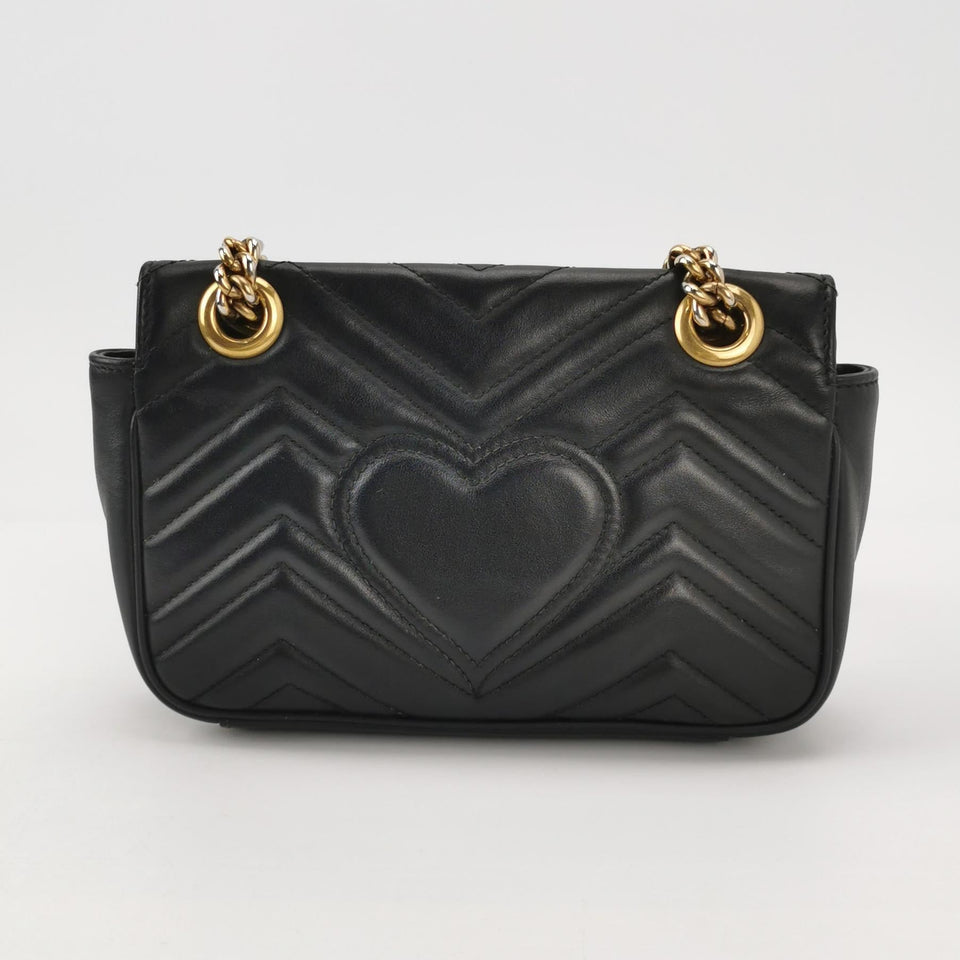 Gucci Marmont Mini Flap Black Calfskin Leather Handbag Gold Hardware