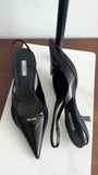 Prada Black Glossed Leather Pointed Triangle Slingback Mule - 39.5