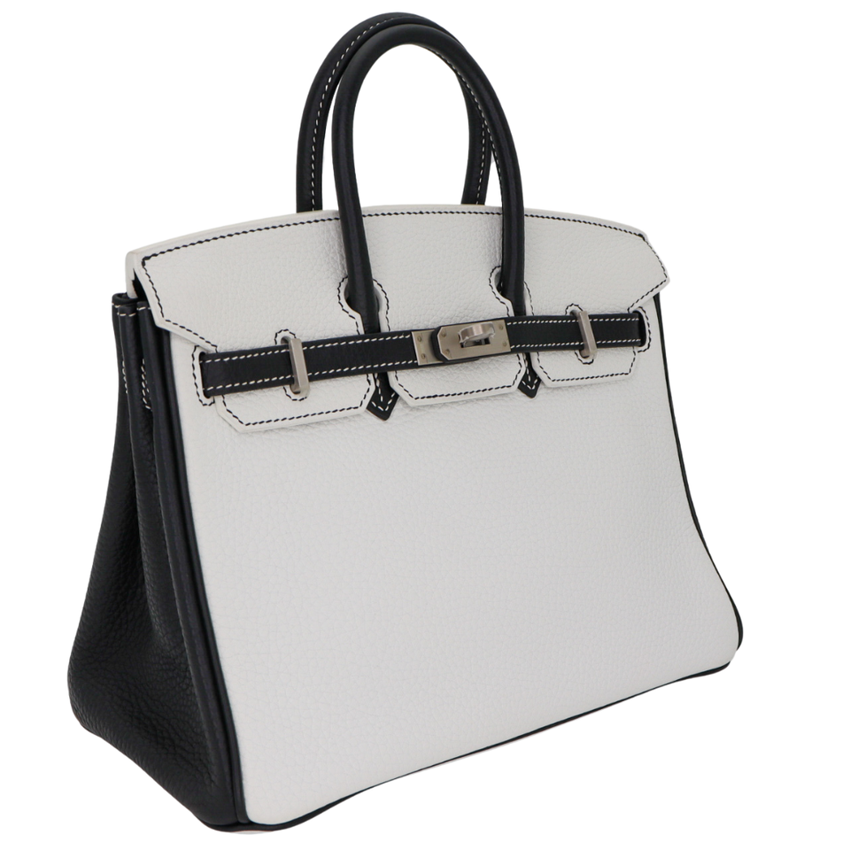 Hermes25cm Birkin HSS White/ Black Clemence Leather Brushed Palladium Hardware
