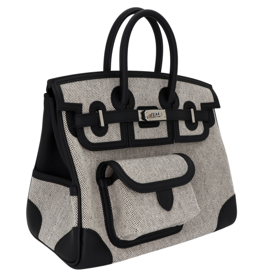 Hermes25cm Birkin Cargo Ecru/ Black Canvas/ Swift Leather Palladium Hardware