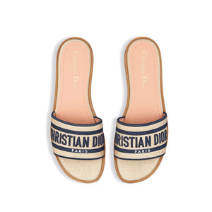 Dior Dway Slide Natural Raffia And Deep Blue Embroidered Cotton