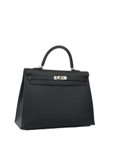 Hermes Kelly 35 Black Sombrero Leather PHW.
