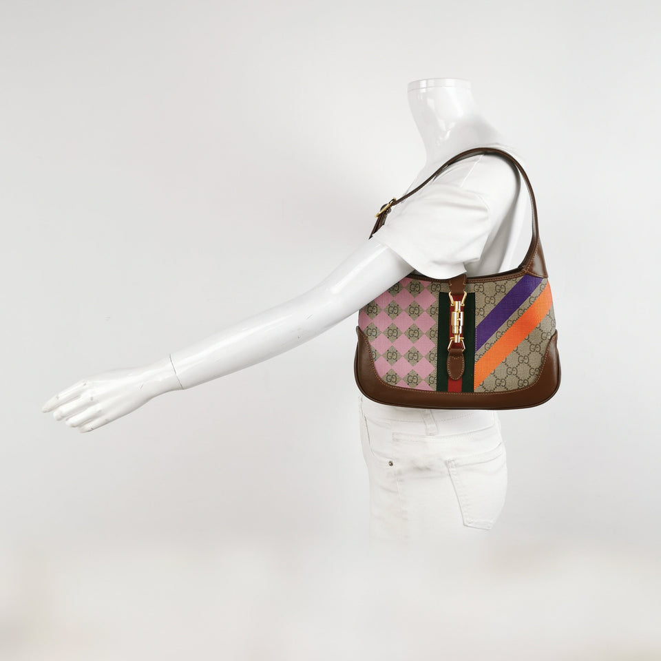 Gucci Jackie 1961 Small Brown Leather Multicolor Monogram Canvas