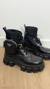 Prada Black Leather Re-Nylon Monolith Ankle Boot with Pouch - 37.5