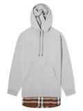 Luxury Burberry Check Panel Cotton Oversized Hoodie Melange Grey