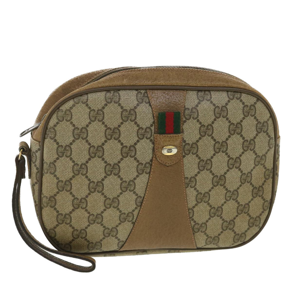 Gucci Web Sherry Line GG Canvas Clutch Bag PVC Leather Beige Green 89 36428