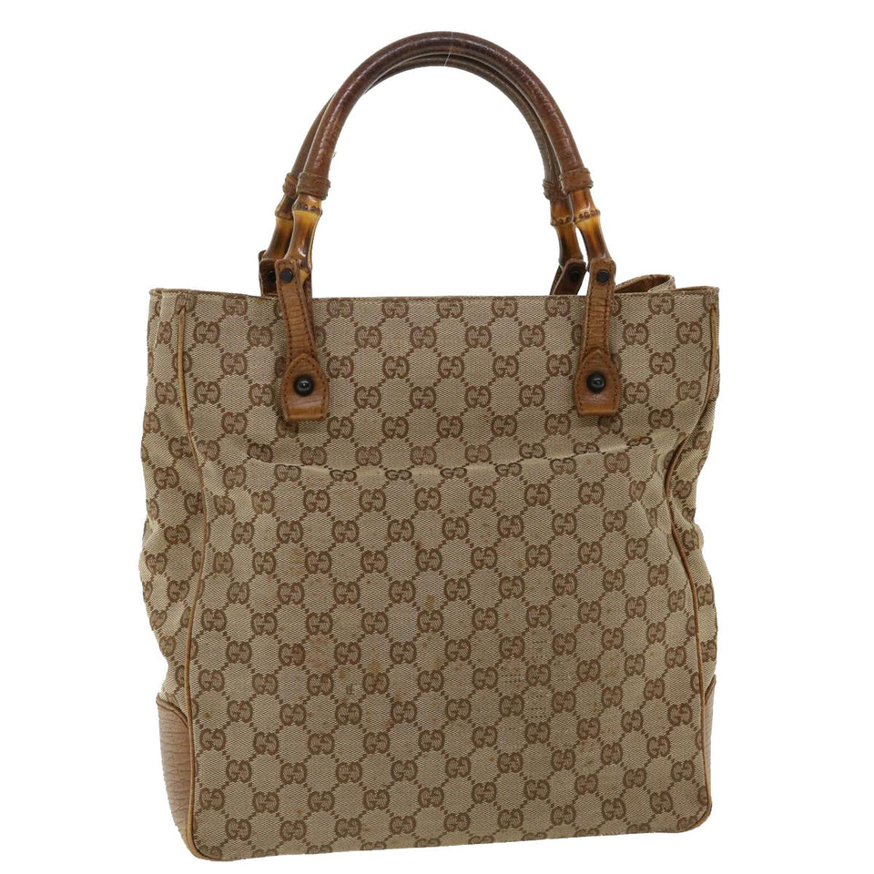 Gucci GG Canvas Bamboo Hand Bag Beige 112530 36619