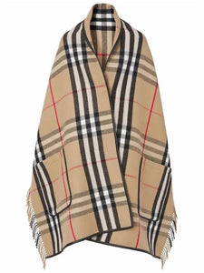 Luxury Burberry ExaGGerated Check Wool Cashmere Cape Archive Beig