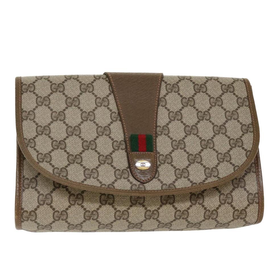 Gucci Web Sherry Line GG Canvas Clutch Bag PVC Leather Beige Green 39026