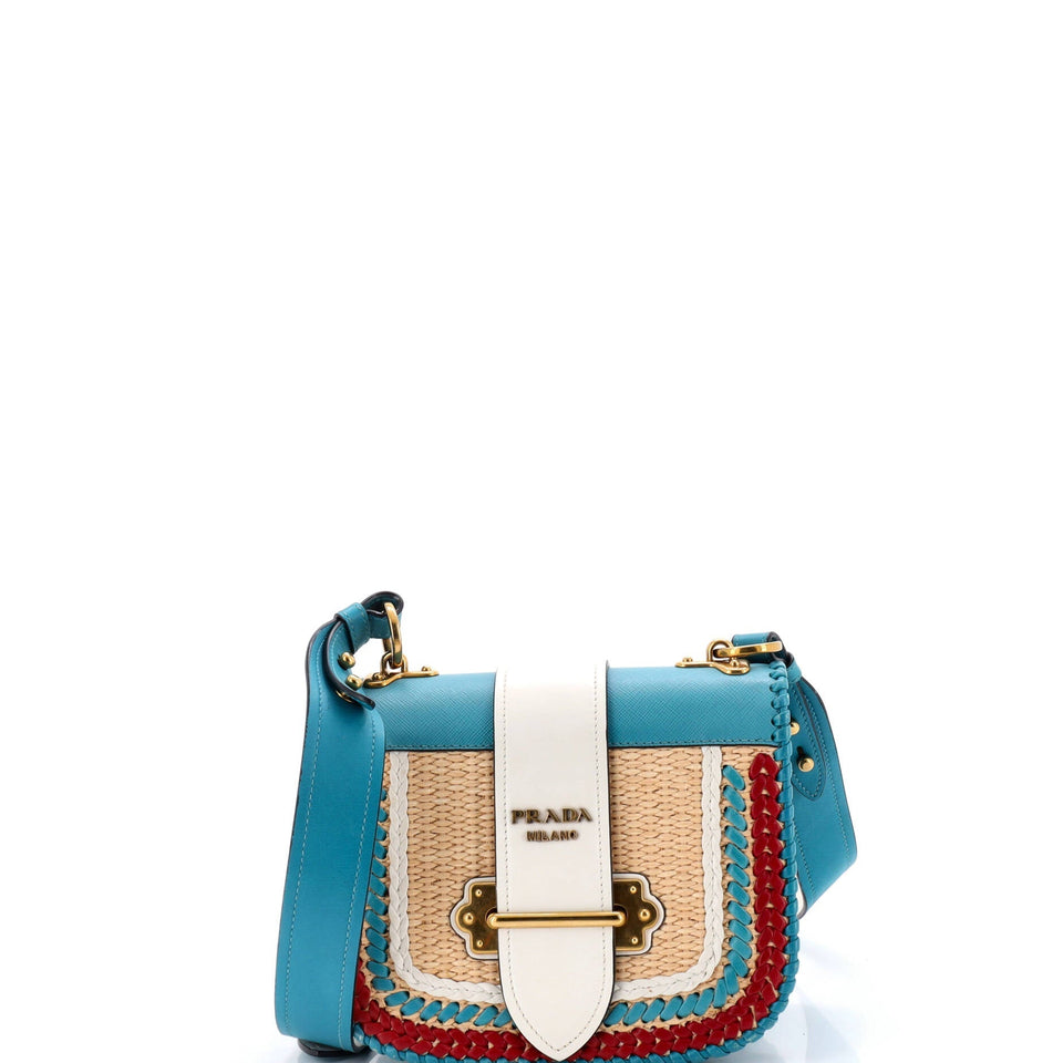 Prada Cahier Rounded Crossbody Bag Leather and Straw Small