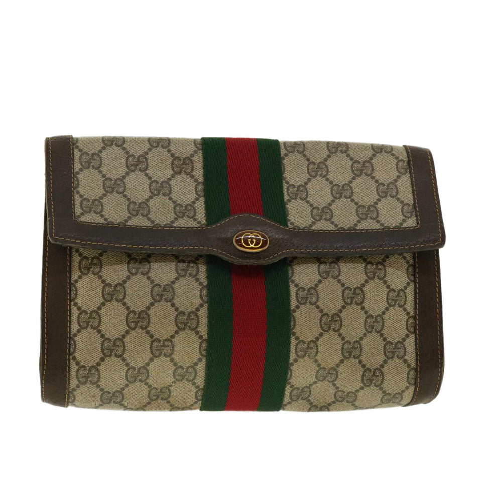 Gucci Web Sherry Line GG Canvas Clutch Bag PVC Leather Beige Green 39958