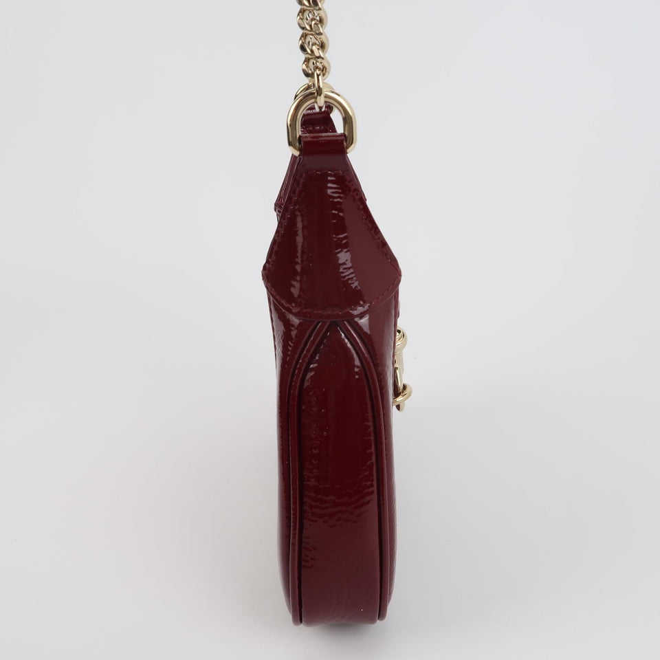 Gucci Jackie 1961 Mini Notte Burgundy Ancora Red Patent Leather Gold Chain Strap Crossbody Bag