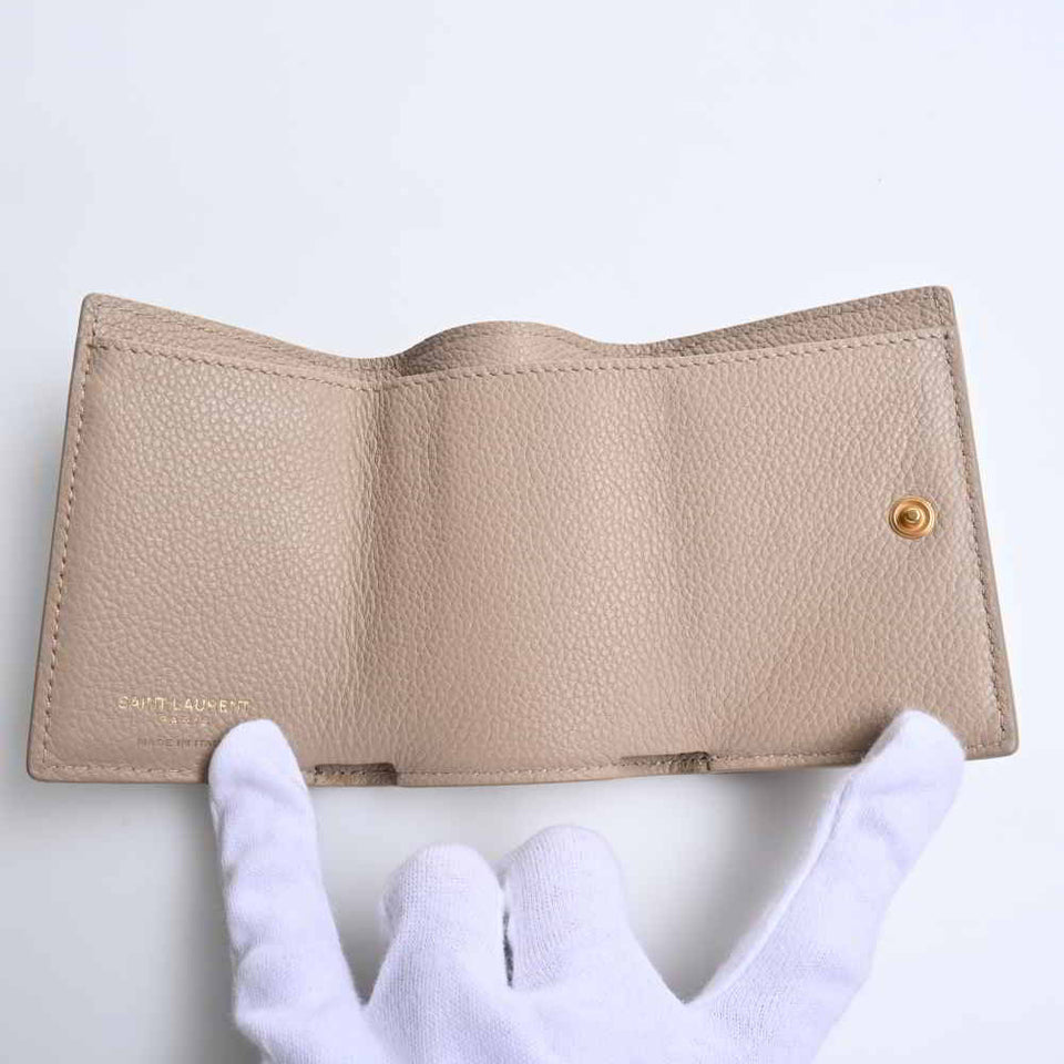 Saint Laurent- Leather  Tiny Wallet Tri-fold Compact Wallet Beige