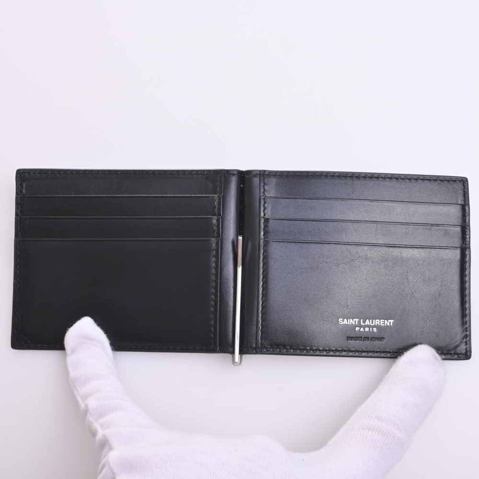 Saint Laurent- Leather Money Clip Bifold Wallet Billfold Black