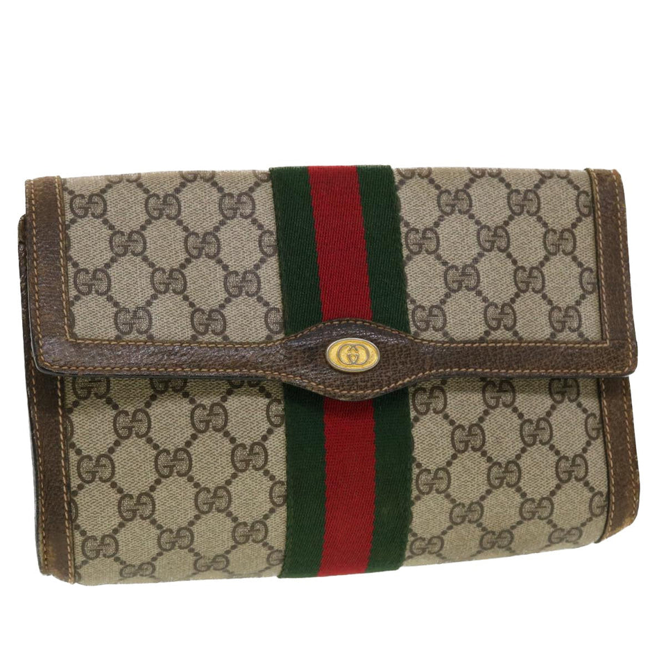 Gucci GG Canvas Web Sherry Line Clutch Bag Beige Red 67.014.3087 41341