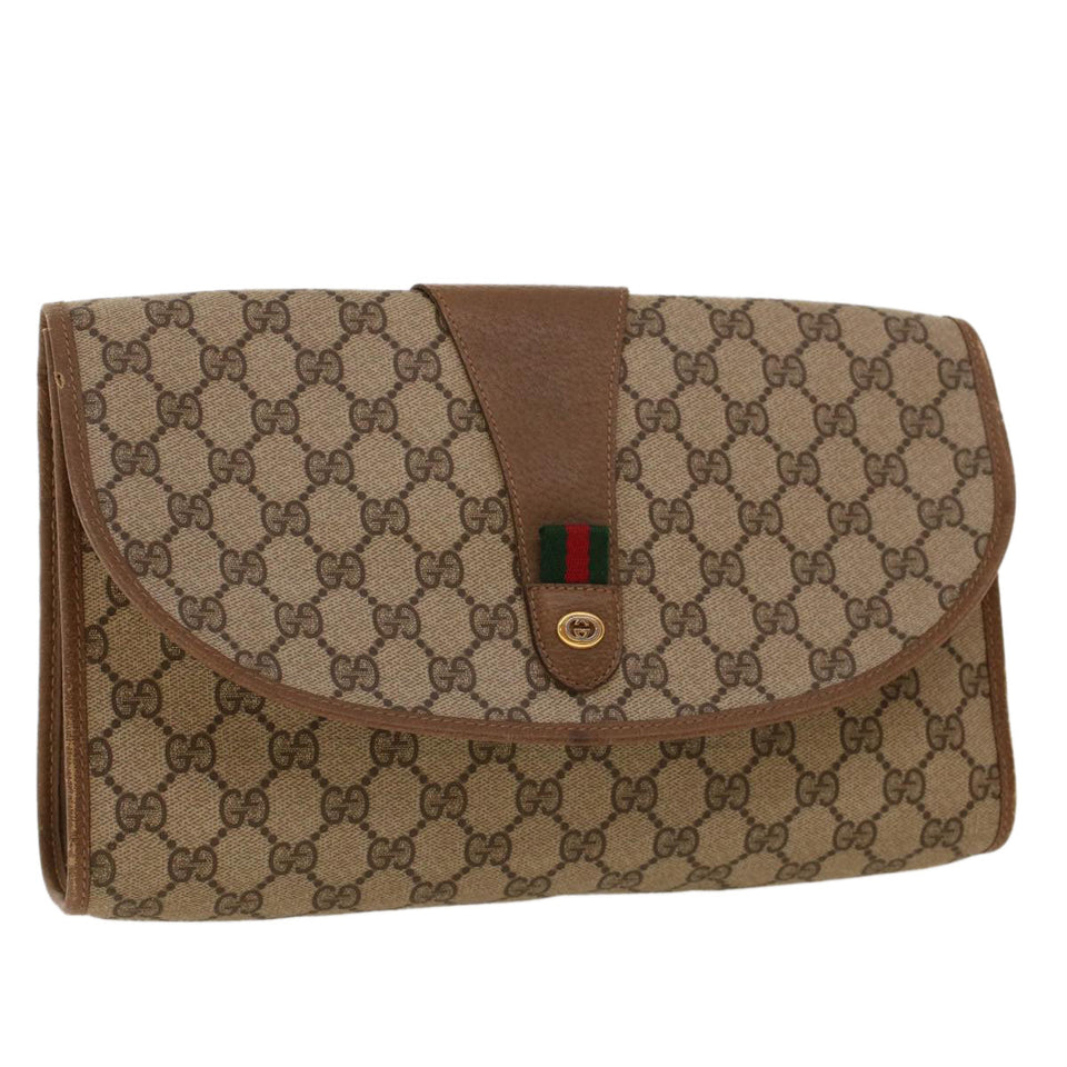 Gucci GG Canvas Web Sherry Line Clutch Bag PVC Leather Beige Green 42088