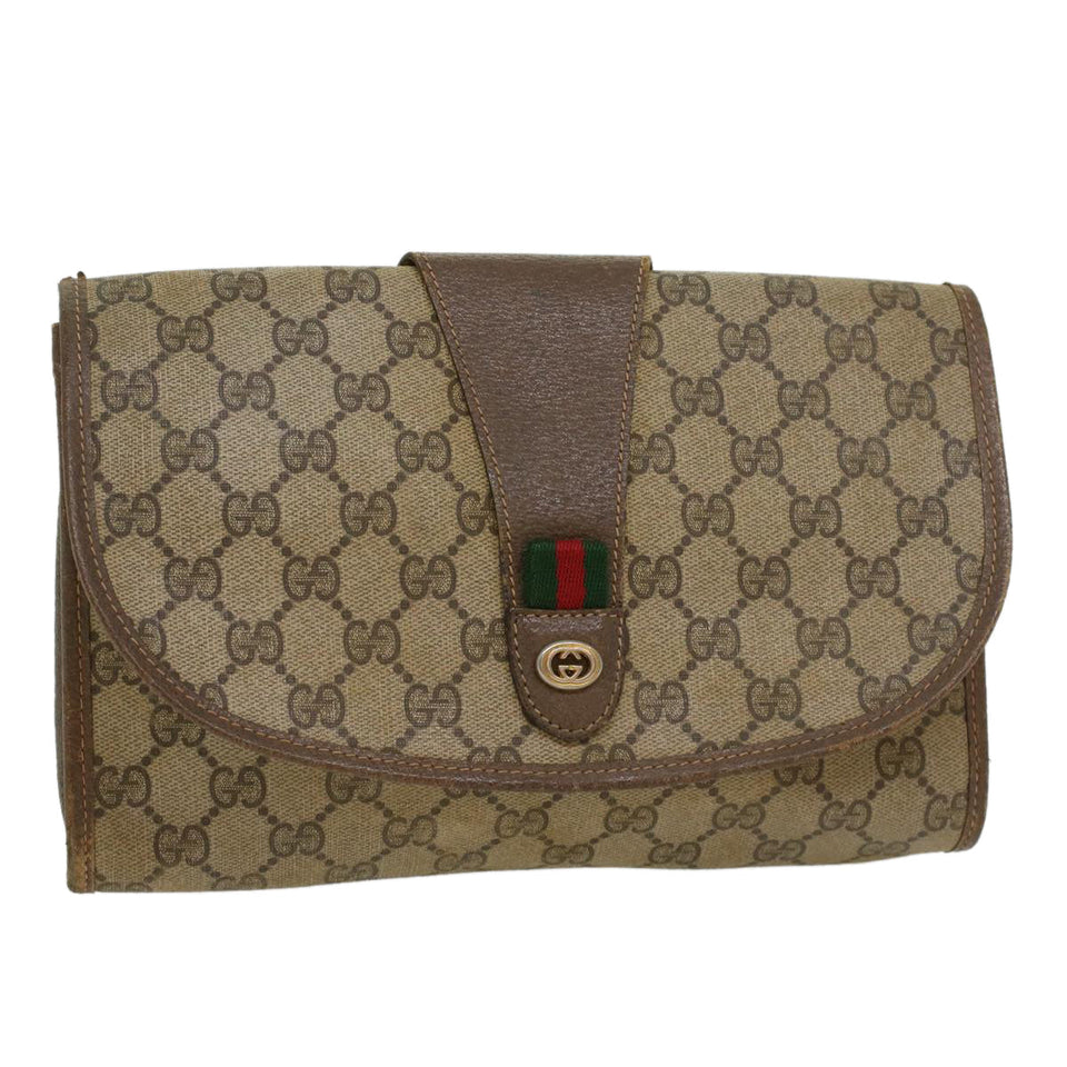 Gucci GG Canvas Web Sherry Line Clutch Bag PVC Leather Beige Green 43093