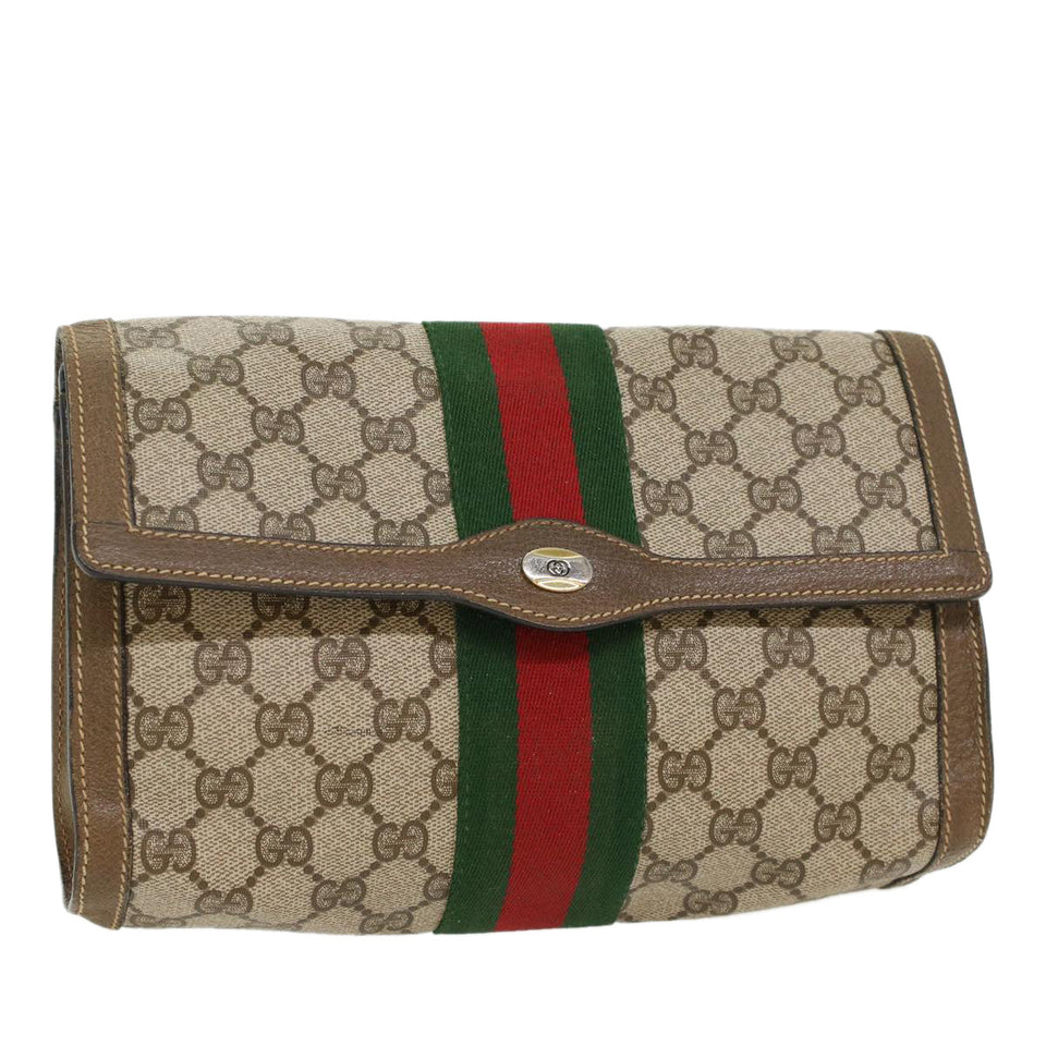 Gucci GG Canvas Web Sherry Line Clutch Bag Beige Red Green 43902