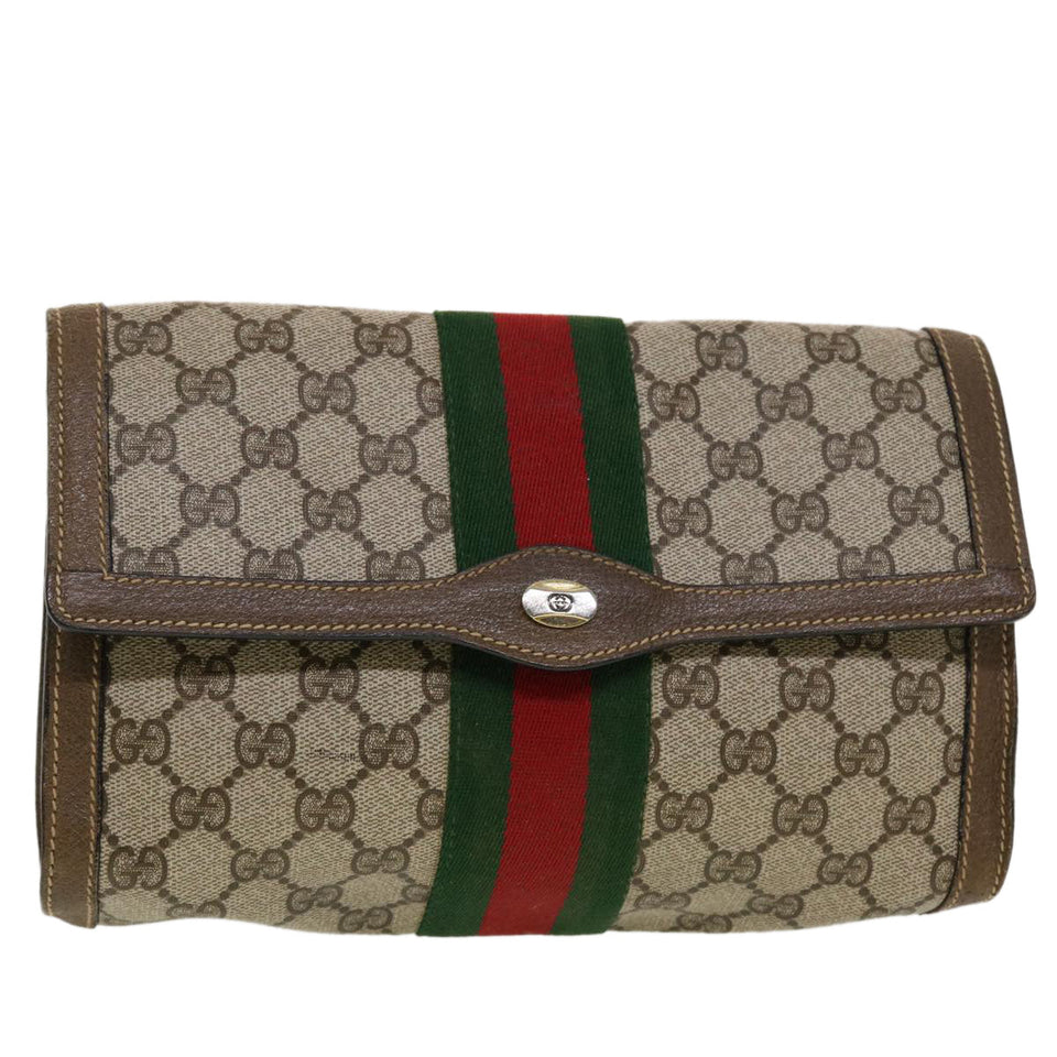 Gucci GG Canvas Web Sherry Line Clutch Bag Beige Red Green 43902