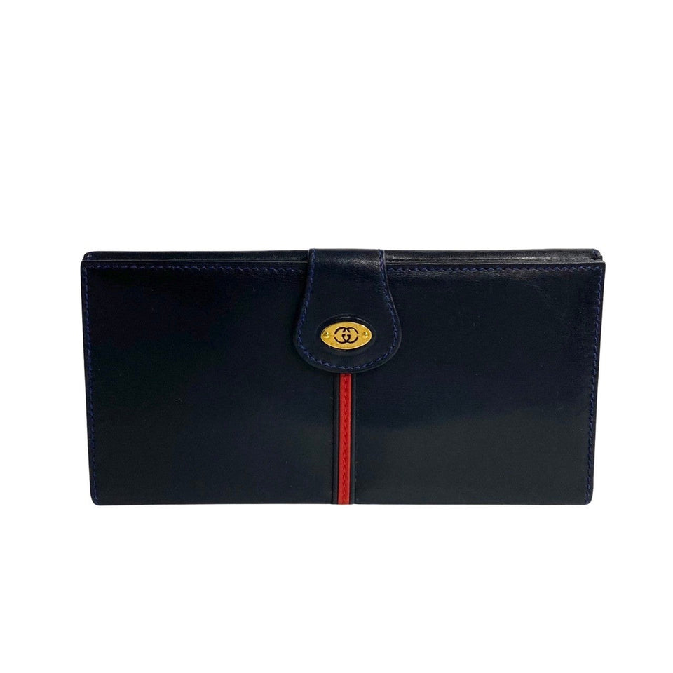 Gucci Long Wallet Purse leather Navy GG logo Metal Sherry line Women