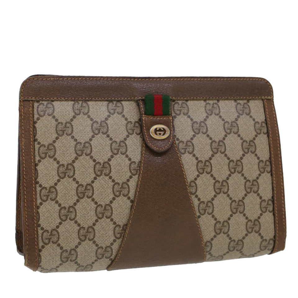 Gucci GG Canvas Web Sherry Line Clutch Bag PVC Leather Beige Green 44139