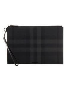 Luxury Burberry Check Large Zip Pouch Clutch Bag Charcoal