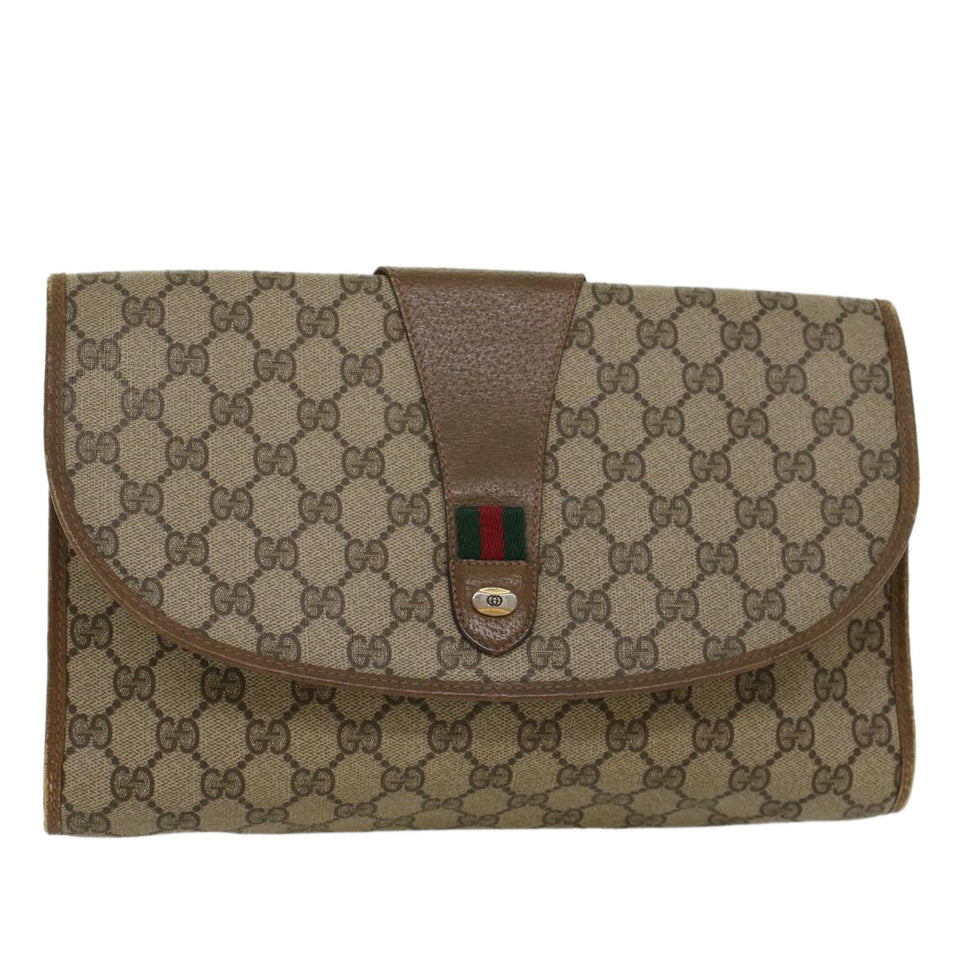 Gucci GG Canvas Web Sherry Line Clutch Bag PVC Leather Beige Red 45599