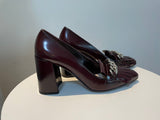 Prada Merlot Kiltie Chain Patent Leather Block-heel Pumps 39
