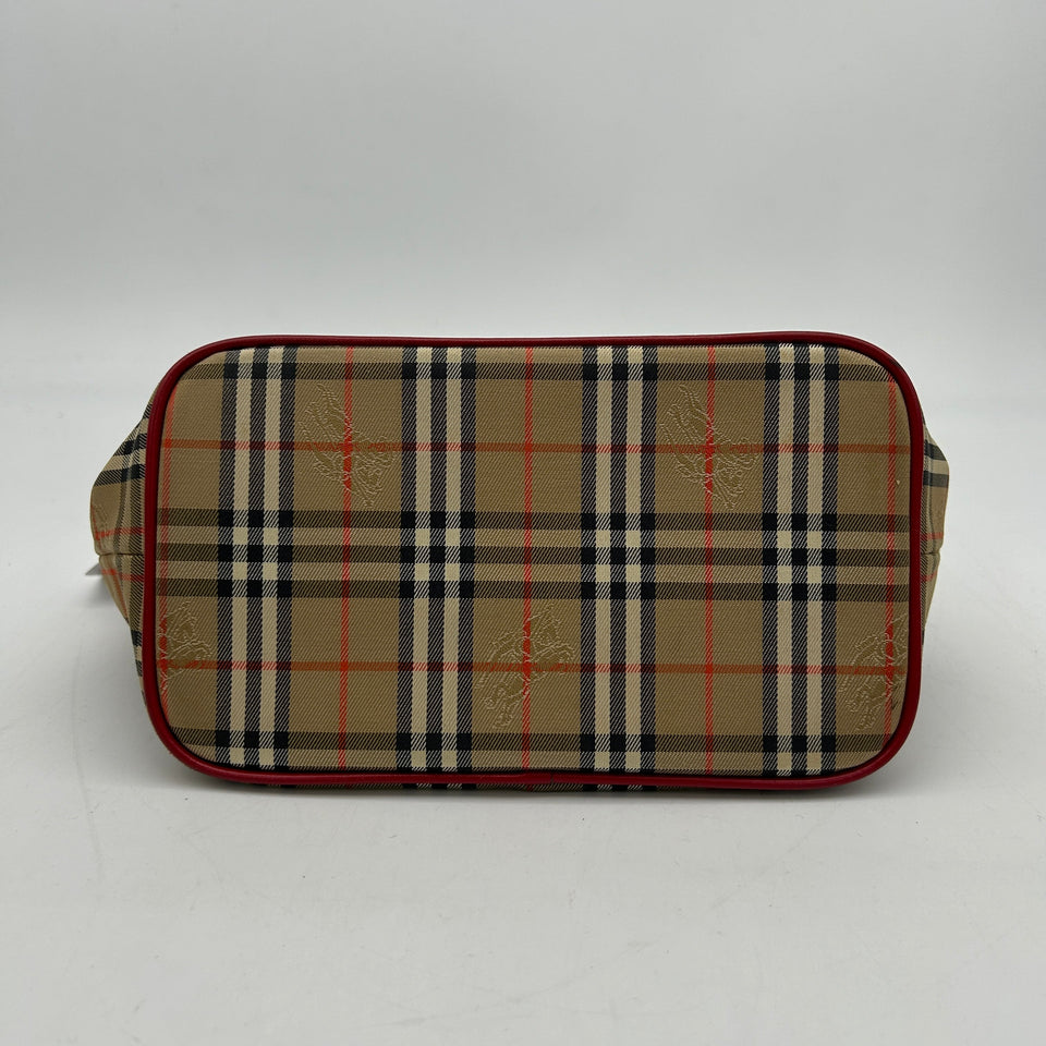 Luxury Burberry House Check Beige Red Leather Trim Handbag Medium