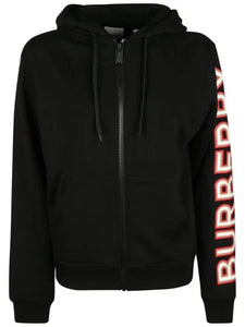 Luxury Burberry Logo Print Overfit Zip-Up Hoodie Black
