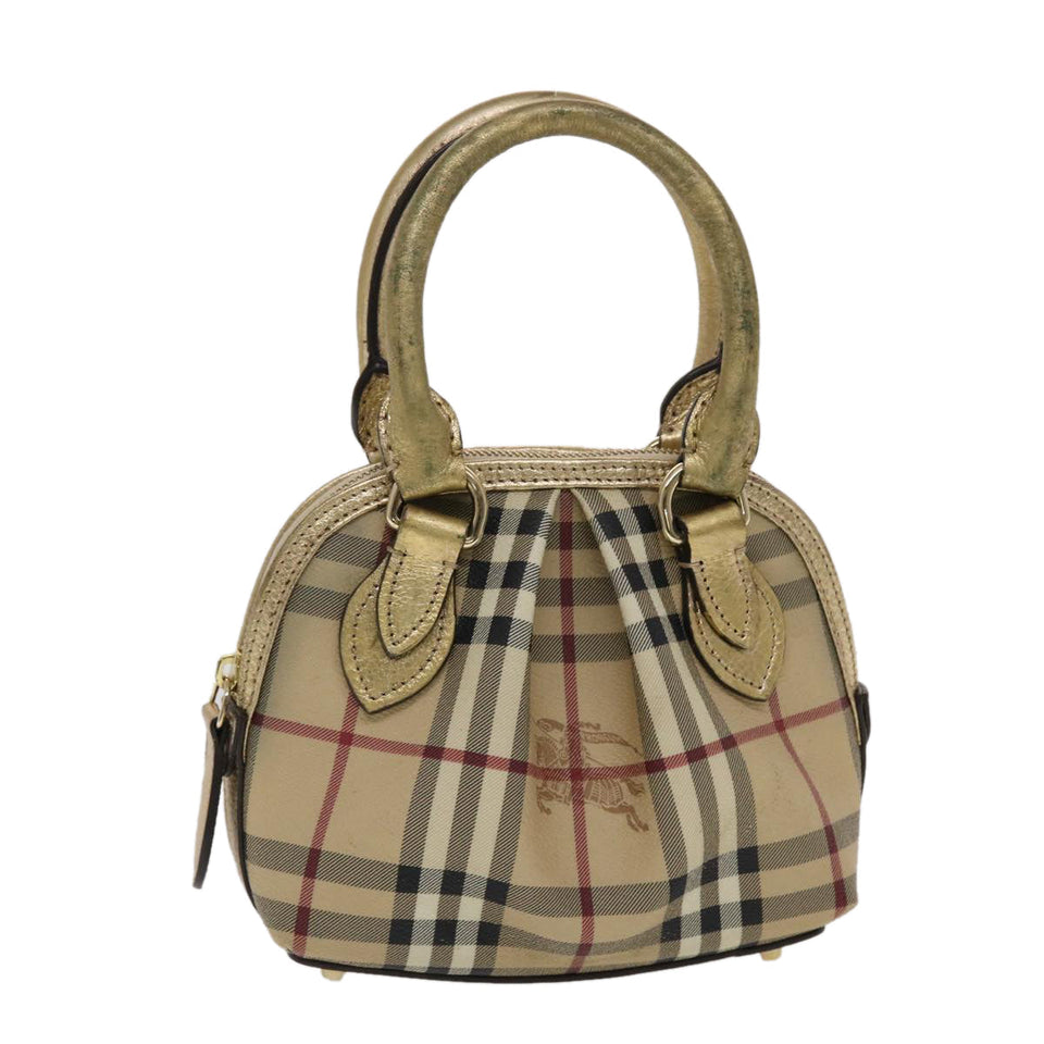 Luxury Burberry Nova Check Hand Bag PVC Leather Beige Gold Auth 49100