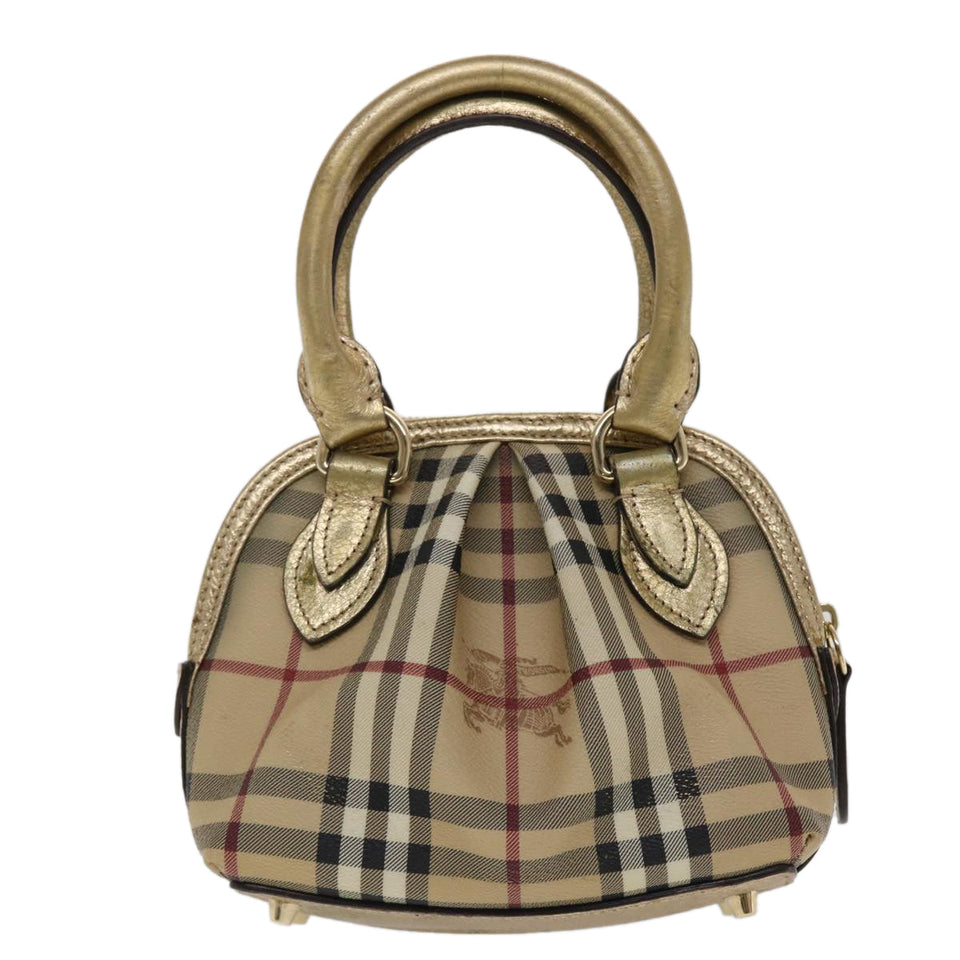 Luxury Burberry Nova Check Hand Bag PVC Leather Beige Gold Auth 49100