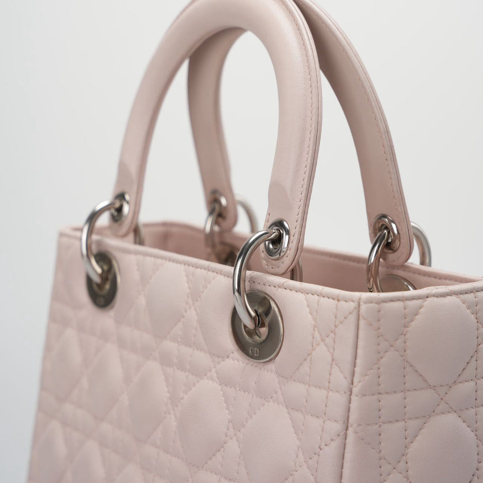 Christian Dior Cherry Blossom Pink Lady Dior Bag in Lambskin with Silver Hardware