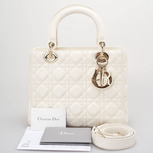Christian Dior White Medium Lady Dior Bag in Cannage Lambskin Leather with Gold Hardware