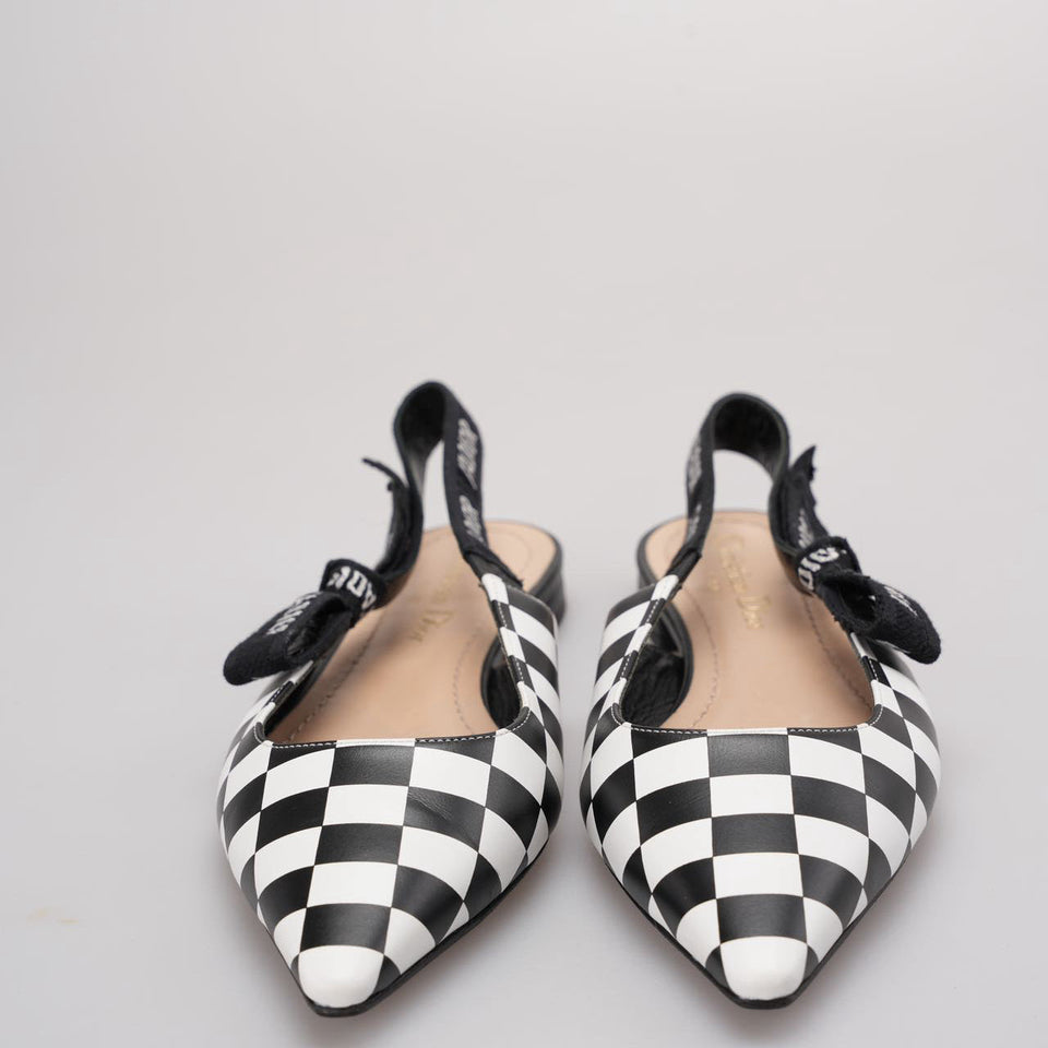 Christian Dior Calfskin Ribbon Checker Print J'ADior SlingBack Flats In Black and White Size 37