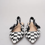 Christian Dior Calfskin Ribbon Checker Print J'ADior SlingBack Flats In Black and White Size 37