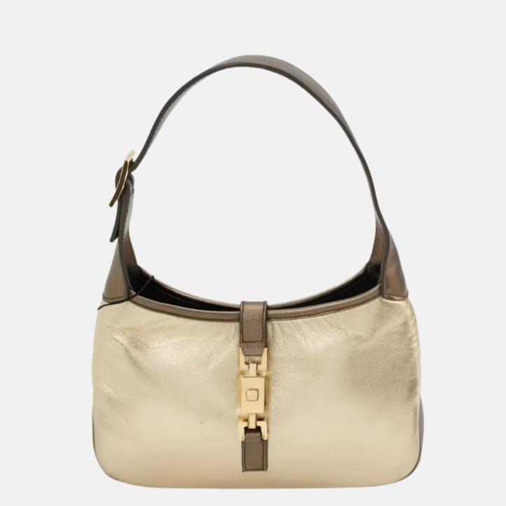 Gucci Jackie Vintage Mini Gold Lambskin Leather Brown Calfskin Leather