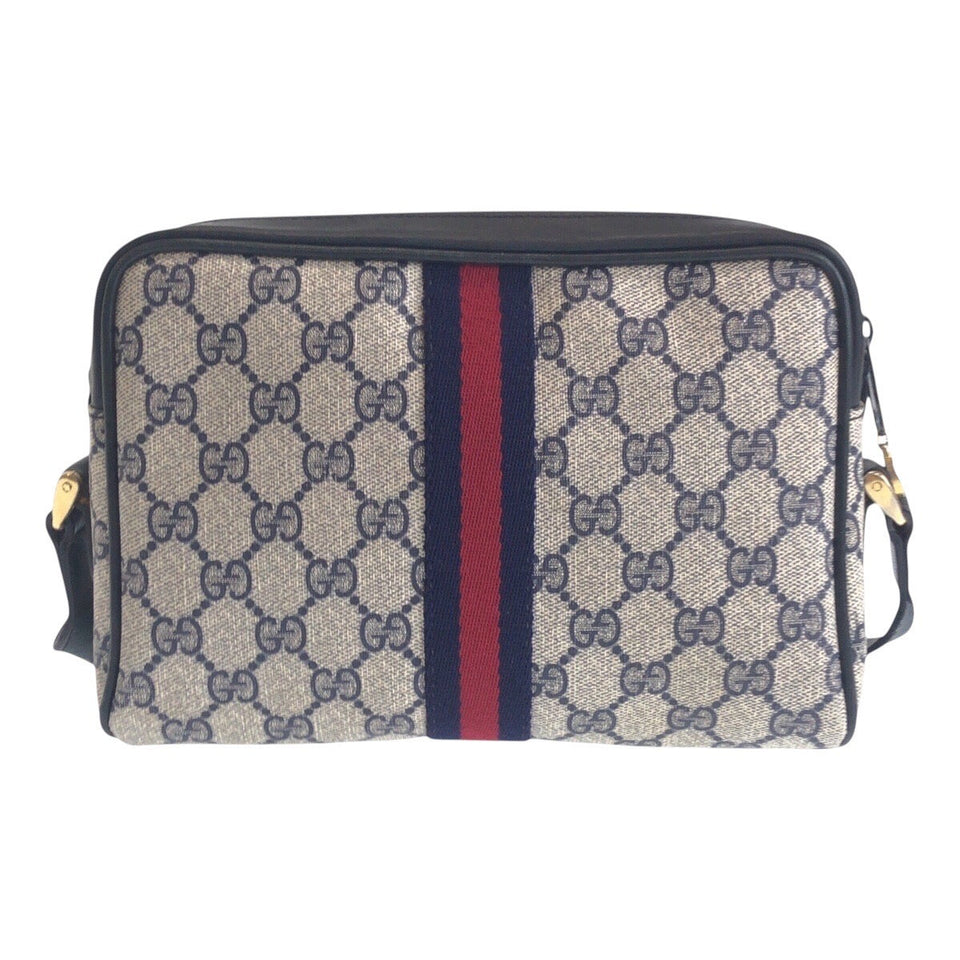 Gucci Shoulder Bag 010 378 GG Supreme canvas, leather Gray Navy Gold Metal Shoulder Bag pochette Sherry Line Old Gucci Women