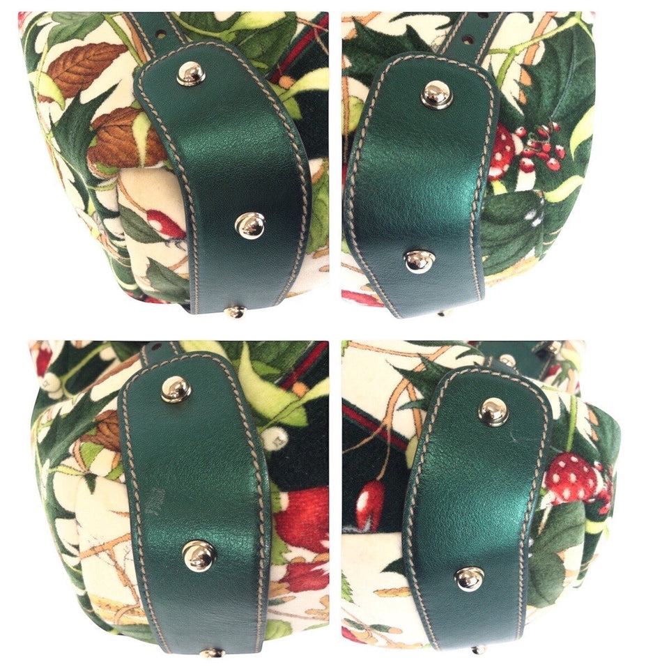 Gucci Tote Bag 137621 Velour, Leather Green Multicolor SilverMetal Tote Bag Shoulder Bag Horsebit Floral print Women