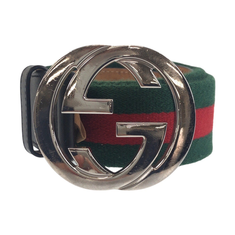 Gucci belt 411924 Canvas, Leather Green Black SilverMetal Belts Unisex Sherry line Interlocking mens 34