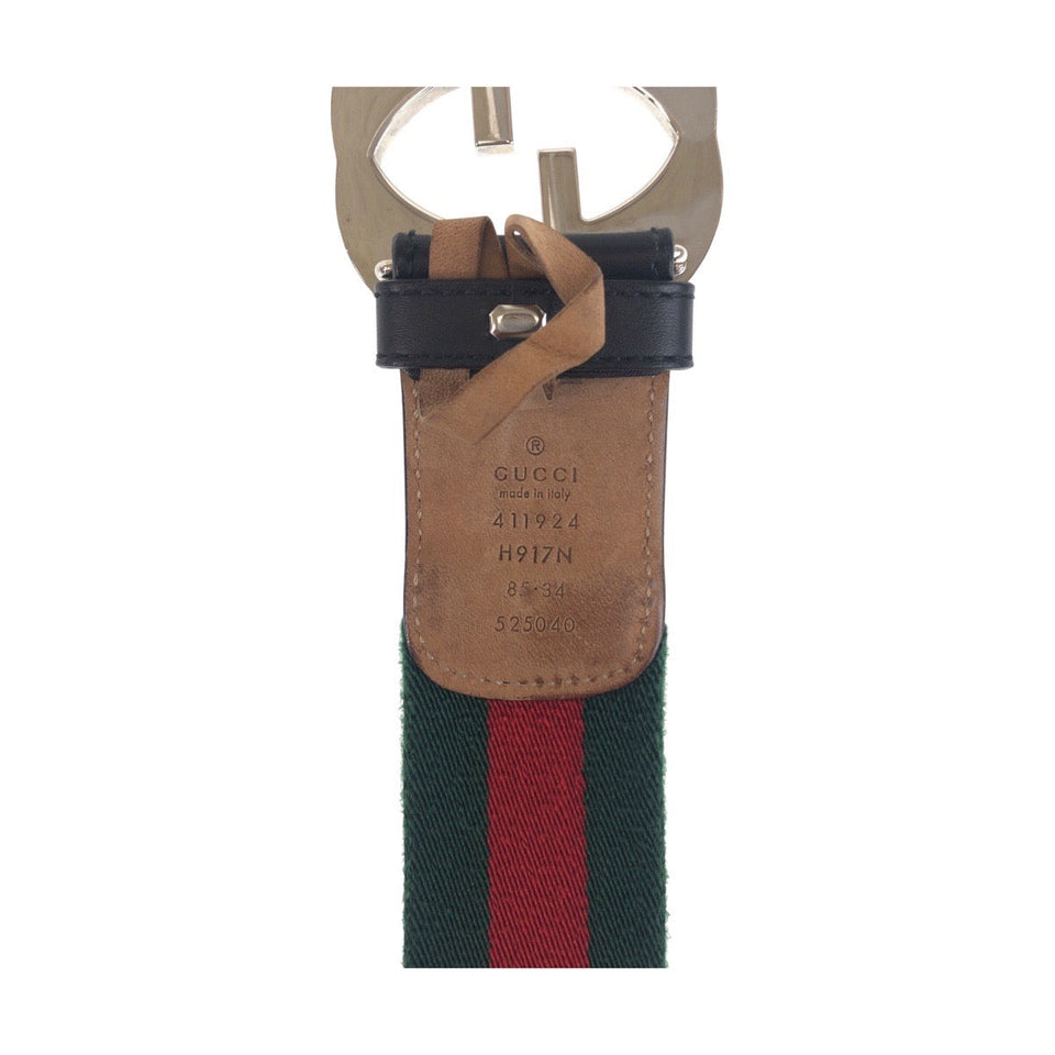 Gucci belt 411924 Canvas, Leather Green Black SilverMetal Belts Unisex Sherry line Interlocking mens 34