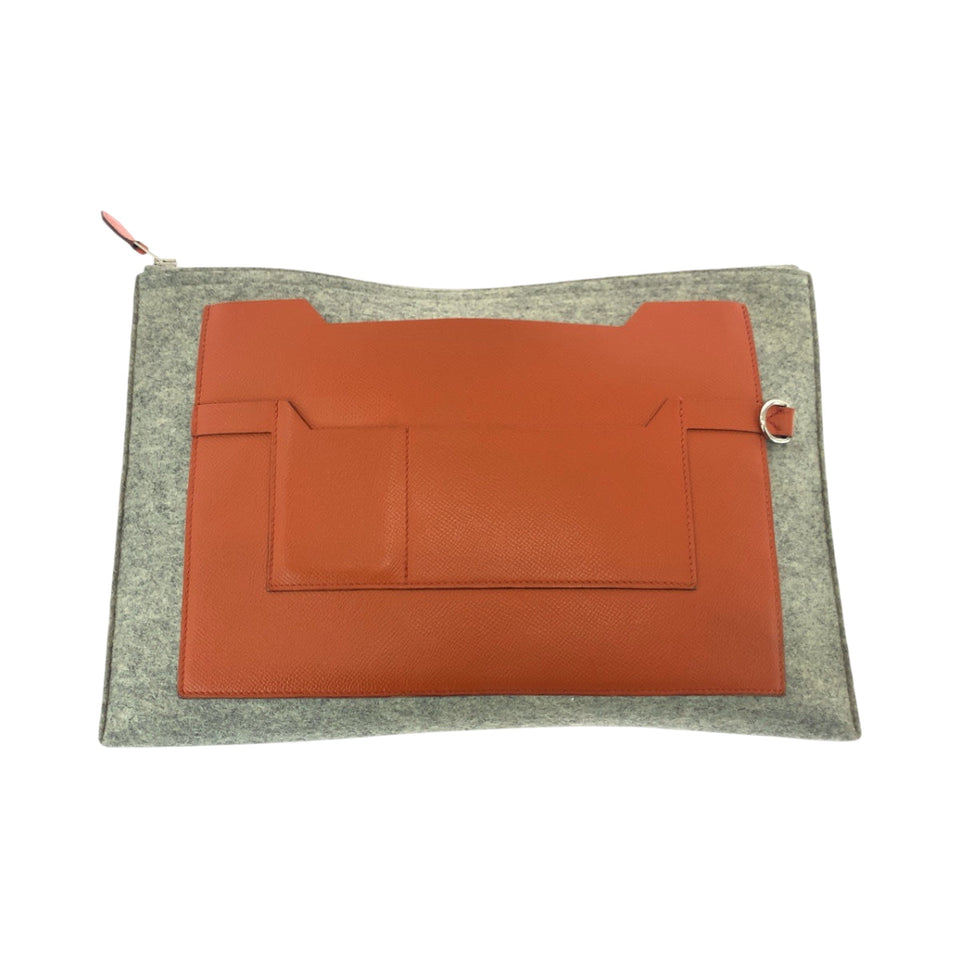 Hermes Clutch bag Felt, Epsom Grey Orange SilverMetal Clutch bag business bag Too Doo 37 Women