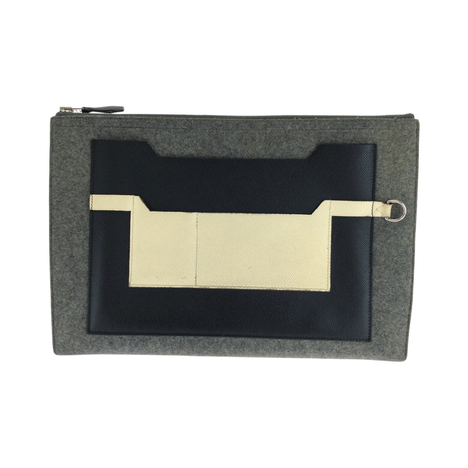 Hermes Clutch bag Felt, Epsom Grey Black Ivory SilverMetal Clutch bag business bag Toudou 37 mens