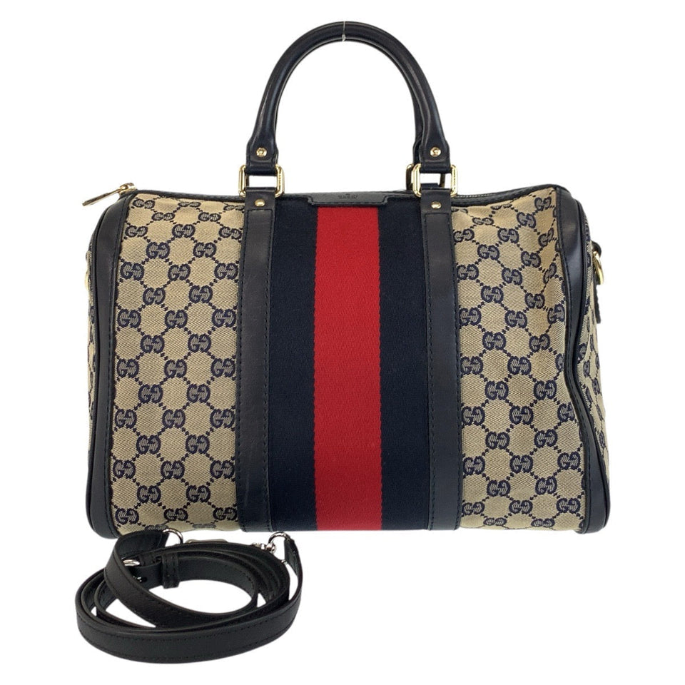 Gucci Handbag 247205 GG canvas, leather Gray Navy Gold Metal Handbag Boston Duffel bag Shoulder Bag 2way Sherry line Women